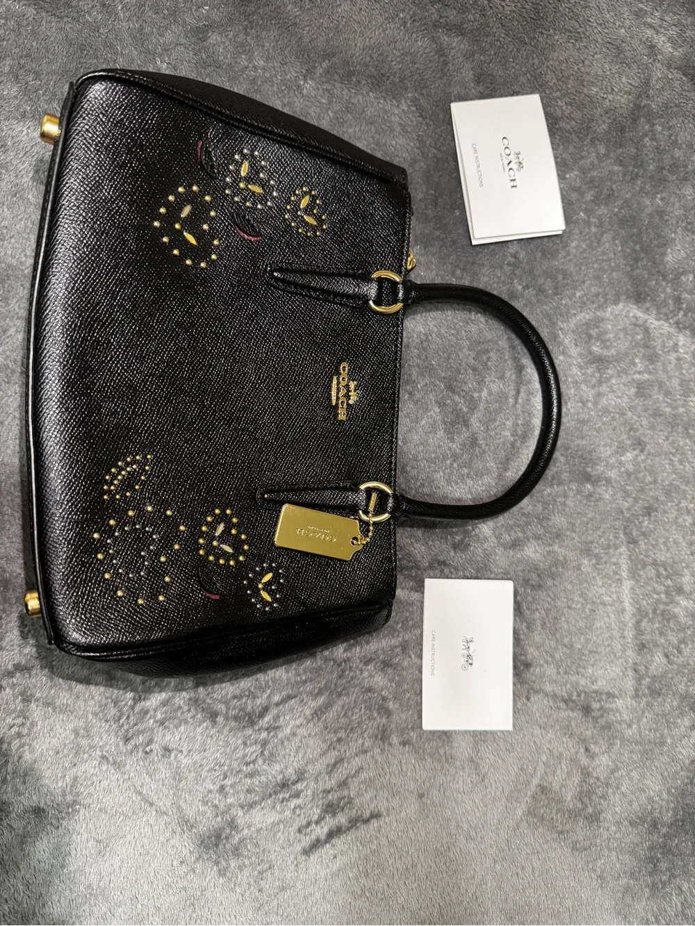 Coach Black Saffiano Leather Satchel with Gold Stud Accents